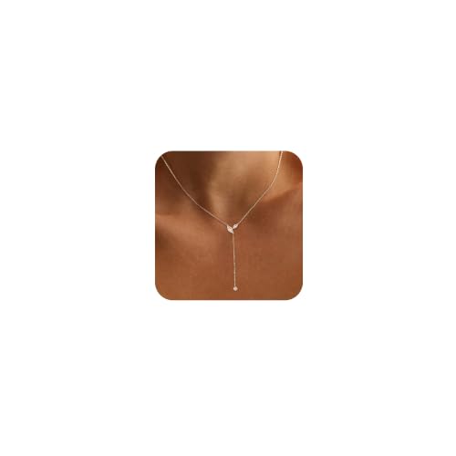 Gold Necklace for Women - Dainty Long Lariat Necklace 14K Gold Plated Clover Star Teardrop CZ Y Shaped Drop Necklaces Cute Long Necklaces for Women Trendy Prom Formal Womens Jewelry - color: Silver PJ Drop