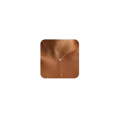 Gold Necklace for Women - Dainty Long Lariat Necklace 14K Gold Plated Clover Star Teardrop CZ Y Shaped Drop Necklaces Cute Long Necklaces for Women Trendy Prom Formal Womens Jewelry - color: Silver PJ Drop