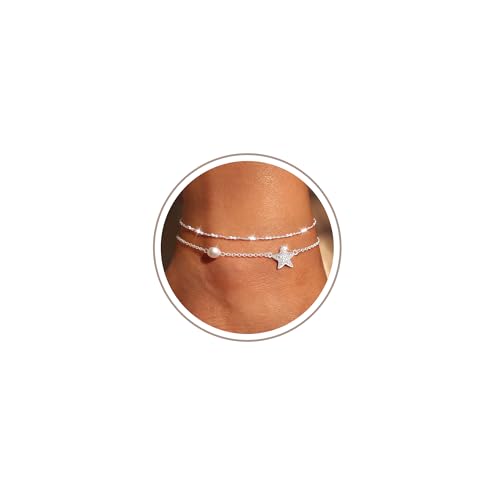 Gold Anklet Set for Women, Layered Beach Anklets | Layered gold-tone ankle bracelets, designed for beach days, vacations, and summer wear - style: Silver Anklet 1
