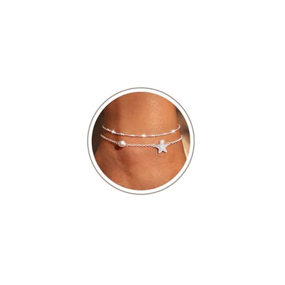 Gold Anklet Set for Women, Layered Beach Anklets | Layered gold-tone ankle bracelets, designed for beach days, vacations, and summer wear - style: Silver Anklet 1