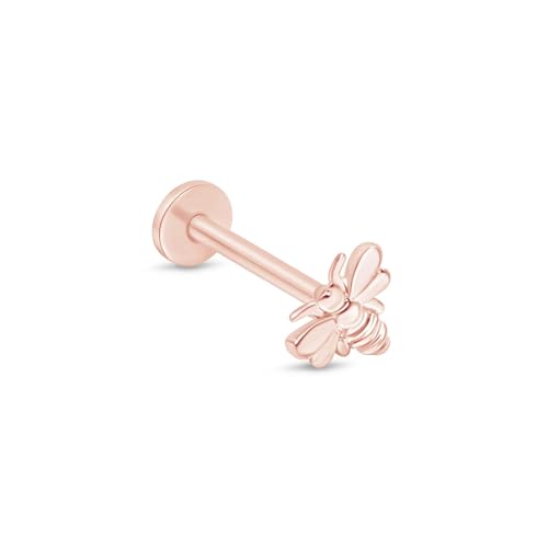 14K Solid Gold Cute Bumblebee Flat Back Stud Earring Internally Threaded Cartilage Earring for Helix, Tragus & Lobe Nose Ring Hypoallergenic Comfy Minimalist Stud Earring SINGLE or PAIR - color: A - Rose Gold - Single, size: Post Length: 6.5mm