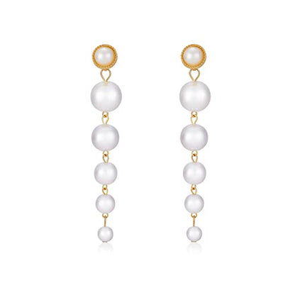 Gold Metal Clip On Earrings for Women Non Pierced Dangle Drop Earrings Multiple Styles - color: gold long pearl