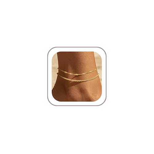 Ritach Gold/Silver Ankle Bracelets for Women 14K Gold Anklets for Women Waterproof Cuban Link Heart Bead Anklets Set Layered Anklet Bracelets for Women Gold Jewelry Gift - color: gold chain