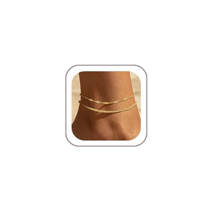 Ritach Gold/Silver Ankle Bracelets for Women 14K Gold Anklets for Women Waterproof Cuban Link Heart Bead Anklets Set Layered Anklet Bracelets for Women Gold Jewelry Gift - color: gold chain