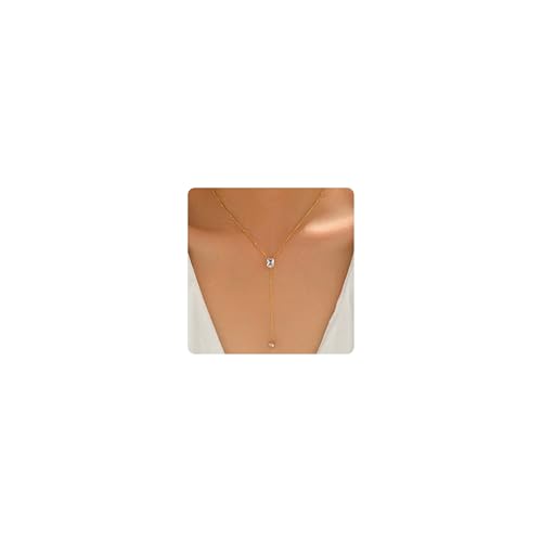 Dainty Y-Shaped Lariat CZ Drop Charm Pendant Necklaces for Women - color: Rectangle-CZ-GD