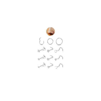 JeryWe 12PCS Nose Rings for Women - Gold Plated Hypoallergenic Surgical Steel Nose Rings Hoops Lip Septum Clicker Ring CZ Screw L Shaped Studs Threadless Flat Back Stud Nostril Piercing Jewelry - color: Steel - Heart CZ