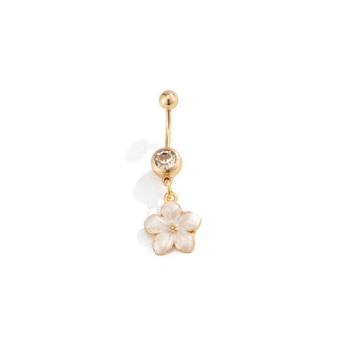 Flower Belly Button Ring for Women 14K Gold Plated Cubic Zirconia Navel Piercing Jewelry Stainless Steel CZ Crystal Charm Belly Ring Hypoallergenic Belly Bar for Women - color: White