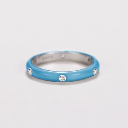 Stackable Enamel Ring 925 Sterling Silver Cubic Zirconia Rainbow Eternity Stacking Band Rings for Women 6（Sky Blue） - color: Sky Blue, size: 6