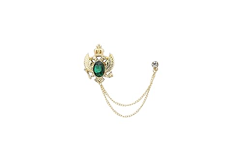 Knighthood Emerald Green Crystal Vintage Double Eagle Golden Tassel Chain Brooch, Suit Stud, Shirt Studs, Lapel Pin Accessories for Men Women