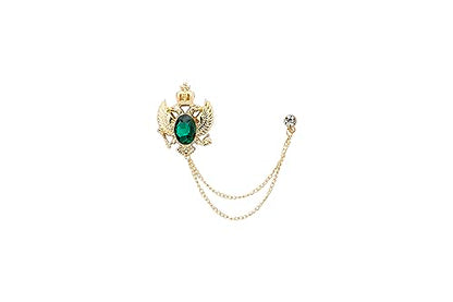 Knighthood Emerald Green Crystal Vintage Double Eagle Golden Tassel Chain Brooch, Suit Stud, Shirt Studs, Lapel Pin Accessories for Men Women