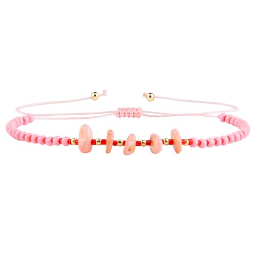 KELITCH Women Natural Stone Beads Anklet Boho Color Beaded Ankle Adjustable Foot Chain Jewelry for Summer Beach Holiday - color: Pink 08B