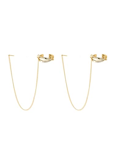 Long Chain Cuff Earrings Gold Silver Wrap Tassel Earrings Minimalist Cz Round Stud With Chain Cuff Double Piercing Jewelry Statement Fake Earrings for Women - color: style1-gold-2pcs