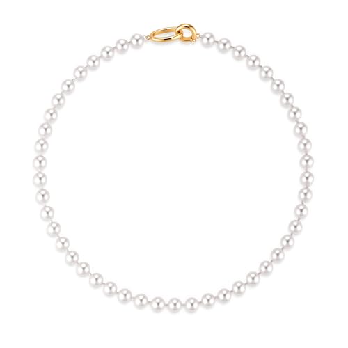Pearl Necklace for Women Paperclip Chain Chunky Gold Necklace, Freshwater Cultured Pearls Trendy Link Chain 18K Gold Plated Dainty Pearl Choker - color: 8mm White Pearl Necklace
