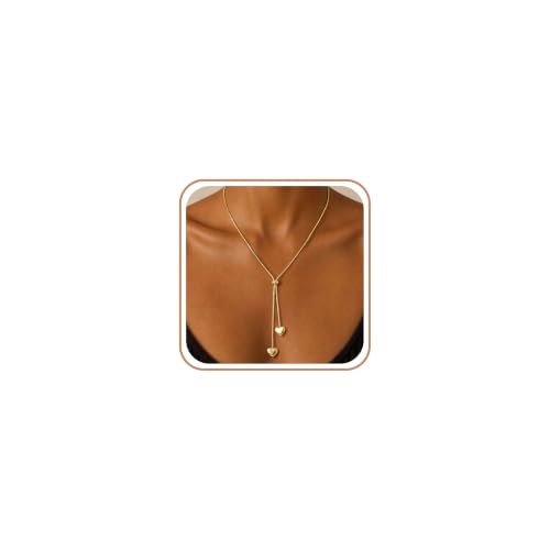 Lariat Gold Silver Necklace for Women Long Dainty Y Necklace 14k Gold Plated Drop Chunky Necklace Trendy Clover Heart Cross Teardrop Cz Pendant Statement Simple Adjustable Jewelry Gift - color: Gold- Heart