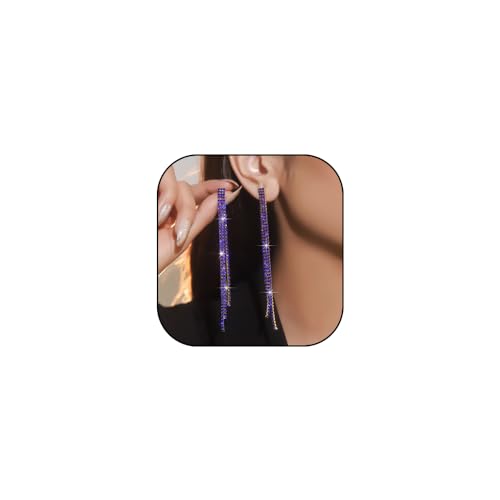 Sparkly Rhinestone Long Tassel Dangle Earrings Crystal Chandelier Dangle Drop Earrings Wedding Party Prom Earrings Jewelry for Women Gifts - color: Gold Blue