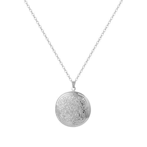 Engraved Flower Empaistic Geometric Photo Locket Necklace Gold Silver Plated Vintage Antiqued Carved Pattern Oval Round Hold Pictures Pendant Necklace for Men Women Souvenir Memorial Fashion Jewelry Gifts - color: Silver round