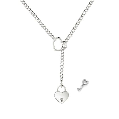 Heart O Ring Slip Chain Choker Necklace for Women Men Stainless Steel Cuban Chain Y-shape Necklaces Punk Rock Collar Adjustable Lariat Y Necklace Prom Necklaces Jewelry - color: Silver lock