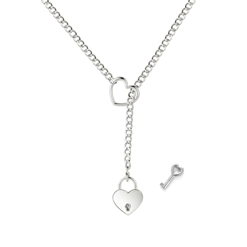 Heart O Ring Slip Chain Choker Necklace for Women Men Stainless Steel Cuban Chain Y-shape Necklaces Punk Rock Collar Adjustable Lariat Y Necklace Prom Necklaces Jewelry - color: Silver lock