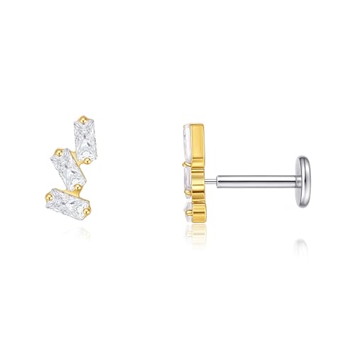 limerencia G23 Hypoallergenic 18g Flat Back Stud Earrings | F136 Implant Grade Titanium Pressfit Threadless Push Pop in Cartilage Helix Labret Lip Monroe Tragus Flat Back Piercing Studs - color: Triple Baguette Gem