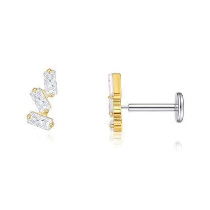 limerencia G23 Hypoallergenic 18g Flat Back Stud Earrings | F136 Implant Grade Titanium Pressfit Threadless Push Pop in Cartilage Helix Labret Lip Monroe Tragus Flat Back Piercing Studs - color: Triple Baguette Gem