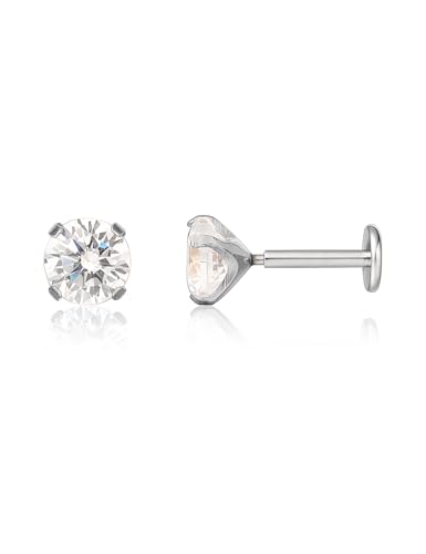 limerencia G23 Hypoallergenic 18g Flat Back Stud Earrings | F136 Implant Grade Titanium Pressfit Threadless Push Pop in Cartilage Helix Labret Lip Monroe Tragus Flat Back Piercing Studs - color: 4mm White CZ Silver