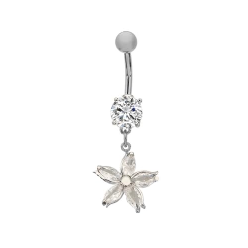 14G Crystal Flower Dangle Belly Button Ring for Women Stainless Steel Rhinestone Fashion Statement Lucky Floral Dangling Charm Curved Barbell Navel Rings Simple Sexy Summer Beach Body Piercing Jewelry - color: Silver