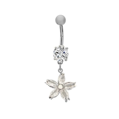 14G Crystal Flower Dangle Belly Button Ring for Women Stainless Steel Rhinestone Fashion Statement Lucky Floral Dangling Charm Curved Barbell Navel Rings Simple Sexy Summer Beach Body Piercing Jewelry - color: Silver