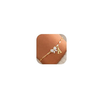 Gold Initial Bracelet for Women Teen Girls 14k Gold Plated Dainty Butterfly Charm Letter Bracelet for Birthday Jewelry Gifts - color: Gold-A