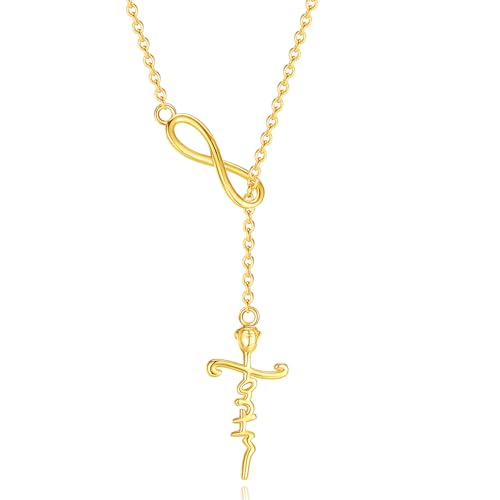 FANCIME White Gold Plated 925 Sterling Silver High Polished Infinity Cross Pendant Lariat Necklace Y Necklace Gift for Women, 18" - color: Faith-yellow