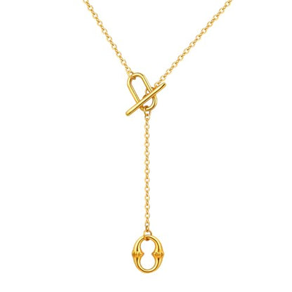 Gold Y-Shaped Necklace for Women, Double O-Ring Geometric Pendant on 52.5cm Chain, Minimalist Long Necklace