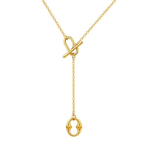 Gold Y-Shaped Necklace for Women, Double O-Ring Geometric Pendant on 52.5cm Chain, Minimalist Long Necklace