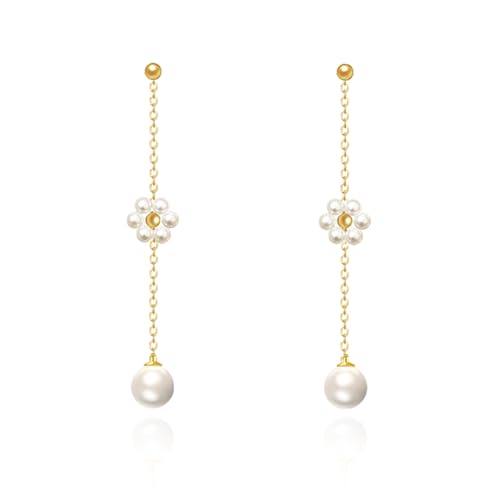 Pearl Earrings for Women 14k Gold/Silver Pearl Drop Earrings Long White Pearl Tassel Dangle Statement Earrings Bridal Wedding Dainty Prom Earrings Birthday Gifts Jewelry - color: Gold Daisy Pearl Drop Earrings