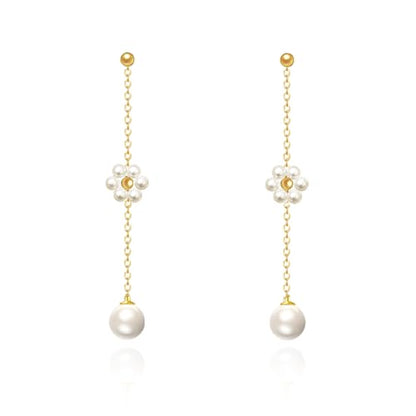 Pearl Earrings for Women 14k Gold/Silver Pearl Drop Earrings Long White Pearl Tassel Dangle Statement Earrings Bridal Wedding Dainty Prom Earrings Birthday Gifts Jewelry - color: Gold Daisy Pearl Drop Earrings