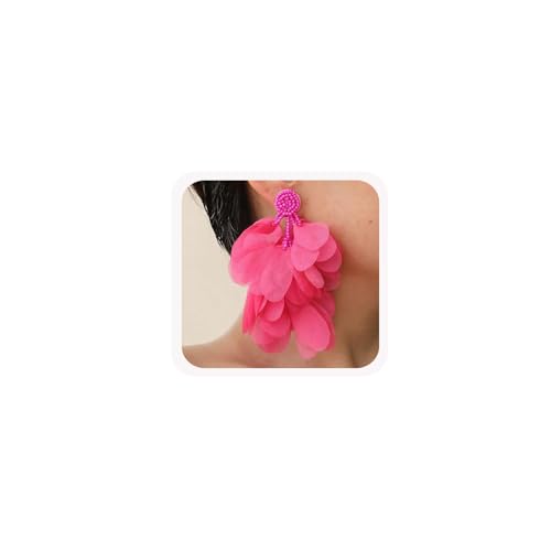 Bohemian Flower Drop Dangle Earrings Vintage Handmade Chiffon Floral Long Tassel Earrings Exaggerated Big Flower Stud Earrings Wedding Bridal Party Ear Jewelry for Women - color: Pink