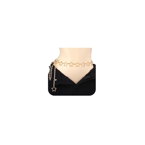 QWALIT Silver Gold Chain Belt for Women Fashion Waist Chain Belt Star Butterfly Metal Belt Music Festival Y2K Accessories - style: A1-Star- gold