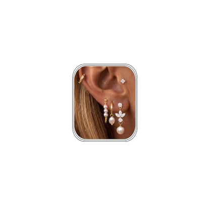 MILACOLATO 5 Pairs 925 Sterling Silver Earrings for Women Trendy Ear Stacks | 14K Gold Plated Stud Huggie Hoop Earrings Set Hypoallergenic CZ Pearl Dangle Earring Prom Bridal Bridesmaids Wedding Jewelry - color: Gold - Pearl Studs & Hoop Hoops & CZ Studs