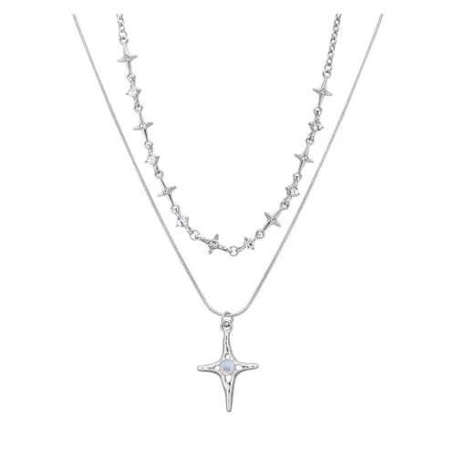 Gothic Cross Star Necklace For Men Women Silver Stainless Steel Cuban Link Paperclip Figaro Bead Chain Punk Kpop Y2k Goth Irregular Layered Cross Pendant Necklace Non Tarnish Jewelry Gift - color: Silver N
