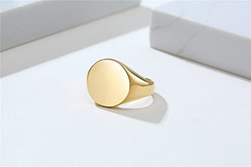 HIJONES Mens Stainless Steel Signet Ring Matte Brushed Square | Simple Statement ,Wedding Band,Polished Round - color: 14mm-Gold