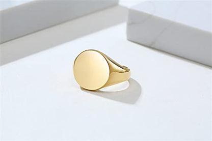 HIJONES Mens Stainless Steel Signet Ring Matte Brushed Square | Simple Statement ,Wedding Band,Polished Round - color: 14mm-Gold