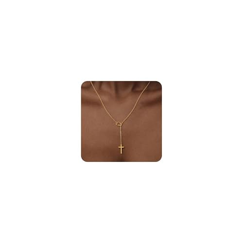Lariat Necklace for Women, Dainty 14K Gold/Silver Plated Long Necklaces for Women Trendy Simple Layered Y-Shaped Pendant Necklace Adjustable Fashion Jewelry Gift - color: Gold, style: Heart Cross Pendant