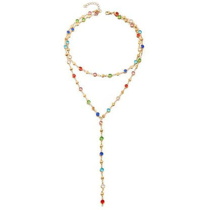 Colorful Crystal Long Necklace for Women Dainty Boho Y-Shaped Color Bead Necklaces Sparkly Rhinestone Pendant Layered Gold Long Chain Choker Good Luck Trend Jewelry Gift Jewelry - color: Double Layer Gold