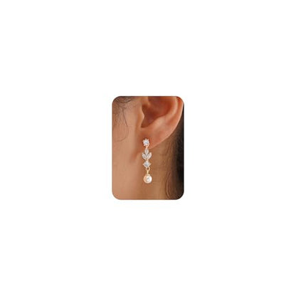 Plenky Pearl Earrings-14K Gold Plated Dainty Pearl Drop Simple Wedding CZ Dangle Dangling Cute Stud Earrings for Brides Earrings for Women Gifts - style: 3 Leaf Pearl Earrings