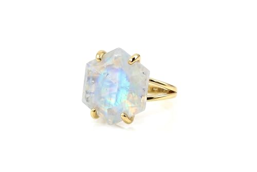 Hexagon Cut Rainbow Moonstone Ring – 14k Gold June Birthstone Gemstone Ring for Women – Handmade Geometric Crystal Jewelry with Natural Blue Flash