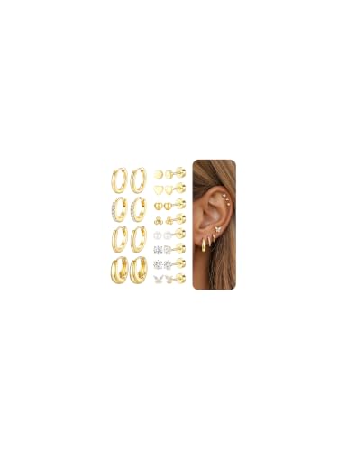 Hypoallergenic Flat Back Earrings for Women, 14k Gold Plated Surgical Stainless Steel Stud Earring Sets for Sensitive Ears Small Hoop Screw Back Cartilage Earring Stack for Multiple Piercing - color: 14K Gold Plated
