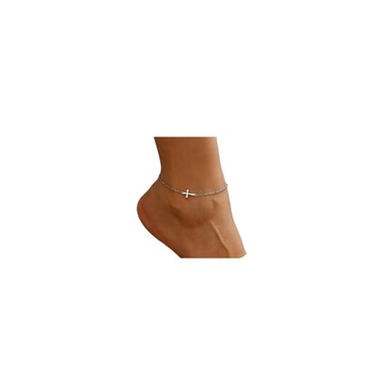 Dainty Ankle Bracelets for Women 18K Gold Plated Waterproof | Satellite Beaded Herringbone Lip Chain Anklets Simple Minimalist Summer Beach Foot Jewelry, Gift Box Included - color: Satellite Cross-White Gold
