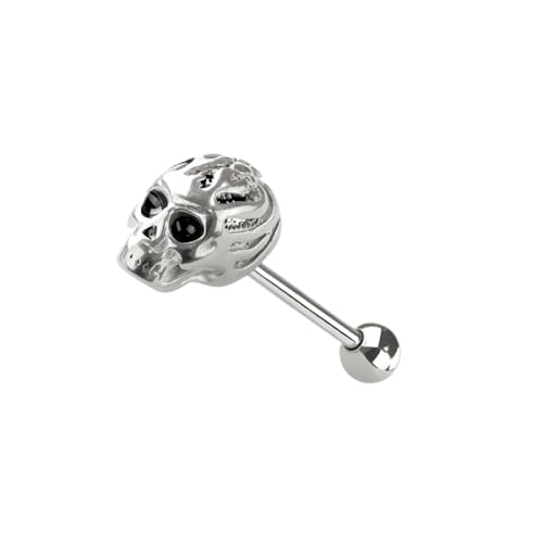 Pierced Owl 14GA 316L Stainless Steel Skull Head Tongue Barbell - style: Silver Tone
