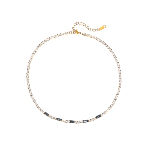 Tennis Necklaces for Women 18K Gold Plated White Red Green Blue Cubic Zirconia Necklaces Dainty Rhinestone Choker Necklaces Trendy Faux Diamond Tennis Chain 3mm - color: Blue Tennis Choker-Gold