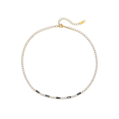 Tennis Necklaces for Women 18K Gold Plated White Red Green Blue Cubic Zirconia Necklaces Dainty Rhinestone Choker Necklaces Trendy Faux Diamond Tennis Chain 3mm - color: Blue Tennis Choker-Gold