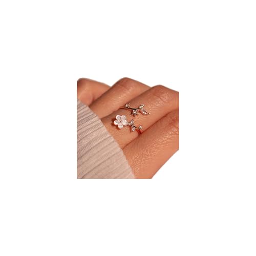 Birthstone Flower Rings For Women Non Tarnish Gemstone Cubic Zirconia Mother of Pearl Adjustable Size 7-11 Silver Rose 14K Gold Plated Birth Jewelry Gift For Birthday - color: Rose Gold, size: No Birthstone