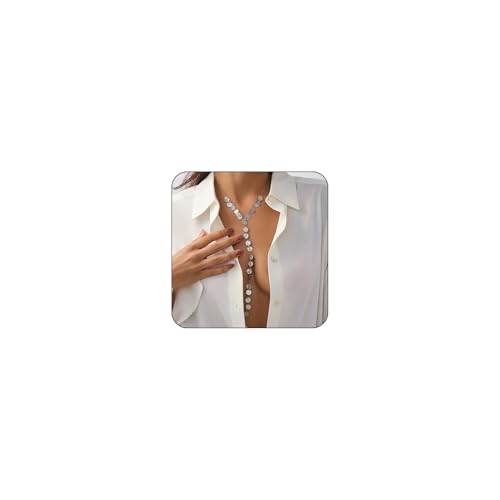 Boho Gold Long Disc Coin Choker Drop Statement Necklace for Women | Trendy Y Shaped Pendant Tassel Necklaces Round Disk Body Wrap Chain Collar Necklace Costume Outfit Festival Jewelry Accessory - color: Silver